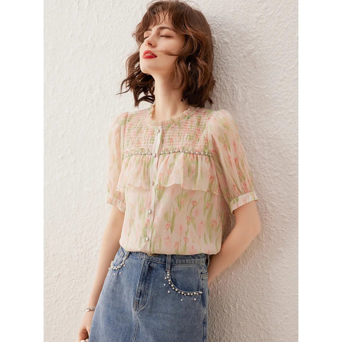 LOUIS YAO Women Shirt Elegant Print Beading Blouses Summer O Neck Short Sleeve Women's Top