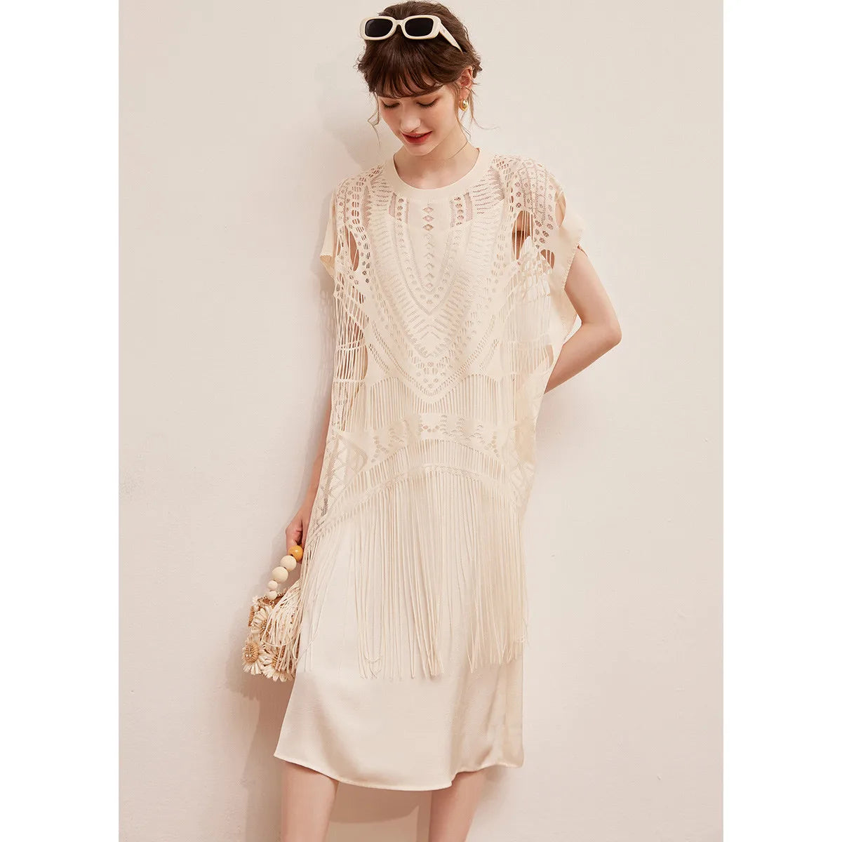LOUIS YAO Dress Set Two-piece Set with Hollowed Out Lace Tassel Top and Elegant Camisole Dress Summer Dress for Women
