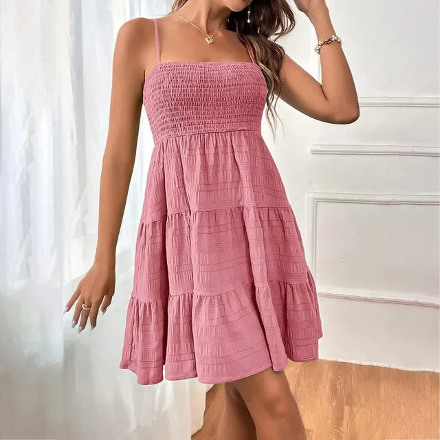 Bohemian Beach Sundress Women Sexy Sleeveless Backless Big Swing Mini Dress Solid Spaghetti Strap Ruffles Dress Summer Vestidos