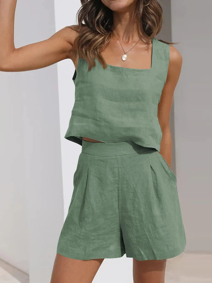 Womens Summer 2 Piece Outfits Lounge Matching Sets Two Piece Linen Shorts Crop Tops Trendy Clothes Vacation Set 7 Colors