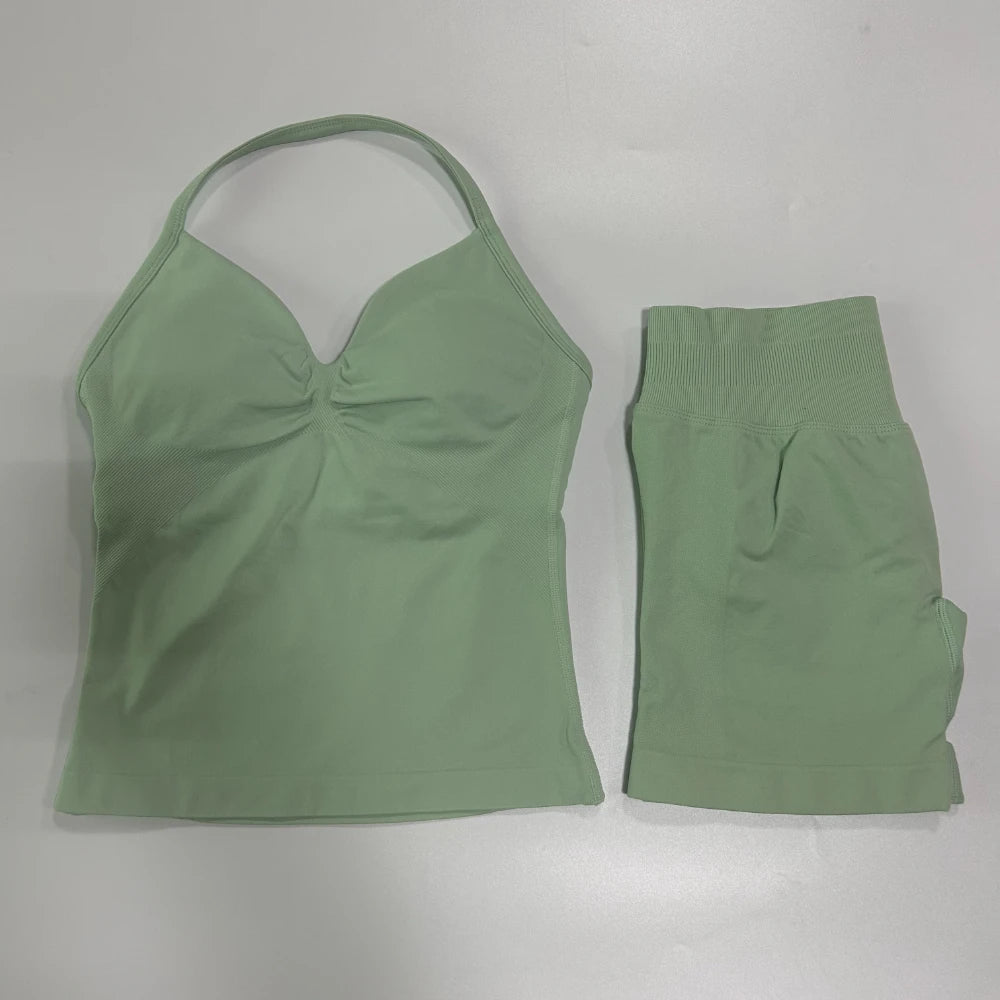 No Logo 2Pcs Gym Set Women Backless Tank Tops High Waist Scrunch Seamless Shorts Gym Suit Fitness Clothes Activewear Workout Set
