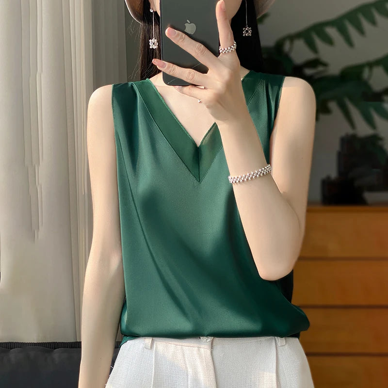 Silk Faux Thin Short Sleeve Tees All-Match Basic T-Shirt Slip Woman Summer Clothes Elegant Tops Solid Loose Casual Fashion