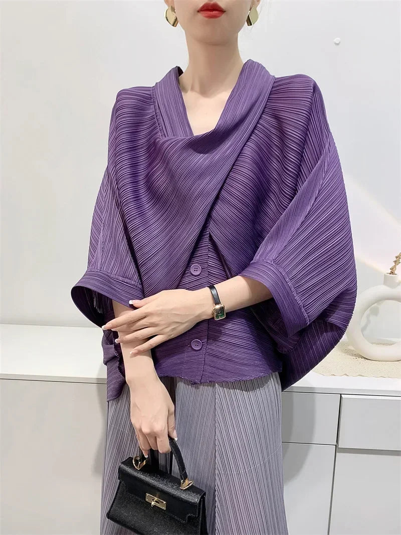 ALSEY Miyake Pleated Original Short Jacket for Women Spring Summer New Loose Casual Seven-minute Sleeve Scarf Collar Top