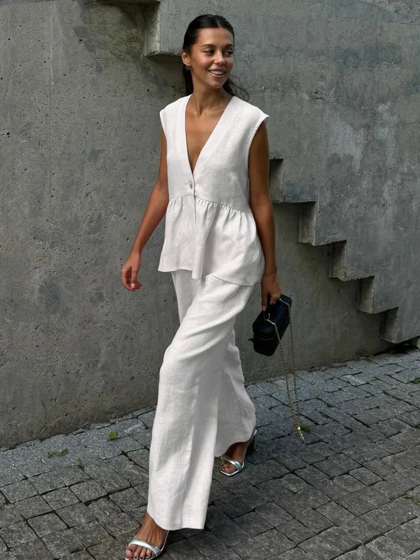 2 pieces women sets 2026 Cotton V-neck sleeveless top vest+long pants new solid color two-piece sets women's clothing