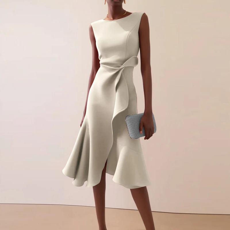Vestidos Women Elegant O Neck Solid Commute Dress Spring Knot Slim Ruffle Irregular Dress Summer Sleeveless A-Line Party Dresses
