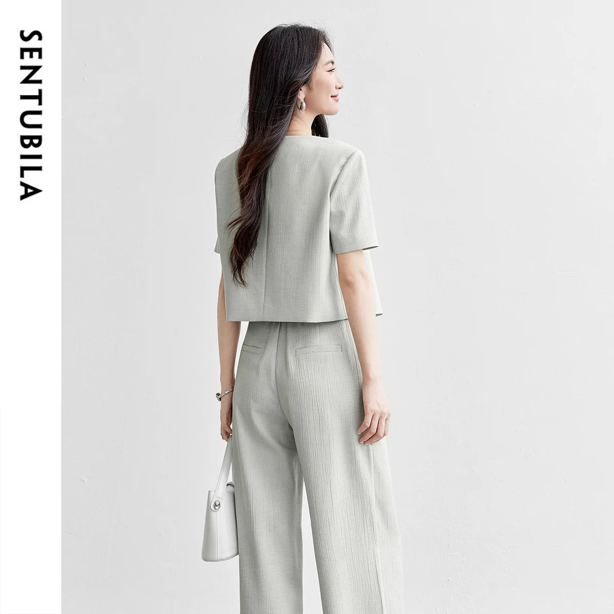 SENTUBILA 2026 Pant Sets 2 Pieces Set For Woman Pearl Metal Buckle Women's Summer Suit Wrinkle-Resistant Blazer Outfit 152ZA0061