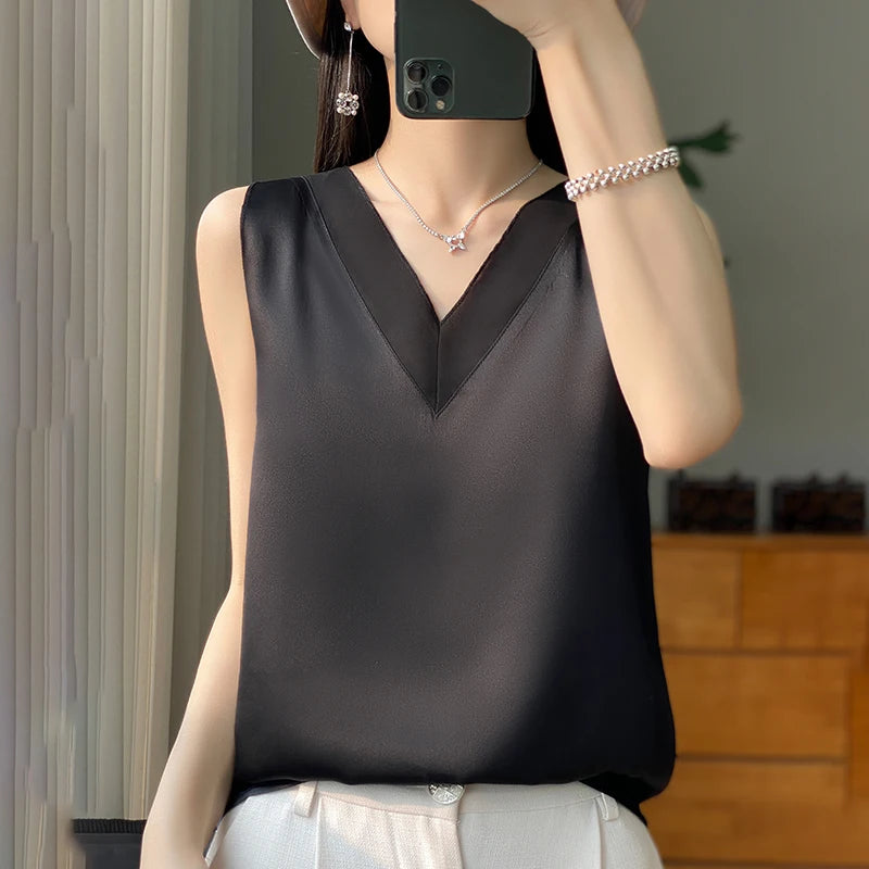 Silk Faux Thin Short Sleeve Tees All-Match Basic T-Shirt Slip Woman Summer Clothes Elegant Tops Solid Loose Casual Fashion