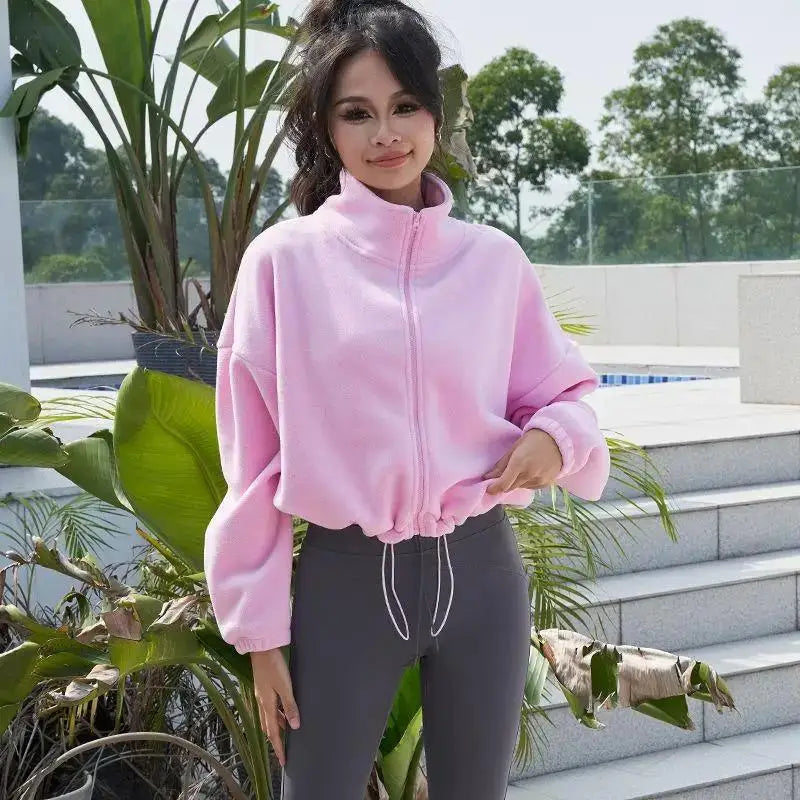 New Autumn Winter Clothes Warm High Waist Casual Sports Yoga Coat Fleece Fitness Short Jacket Slim Lady Zip Up Sweatshirt Women