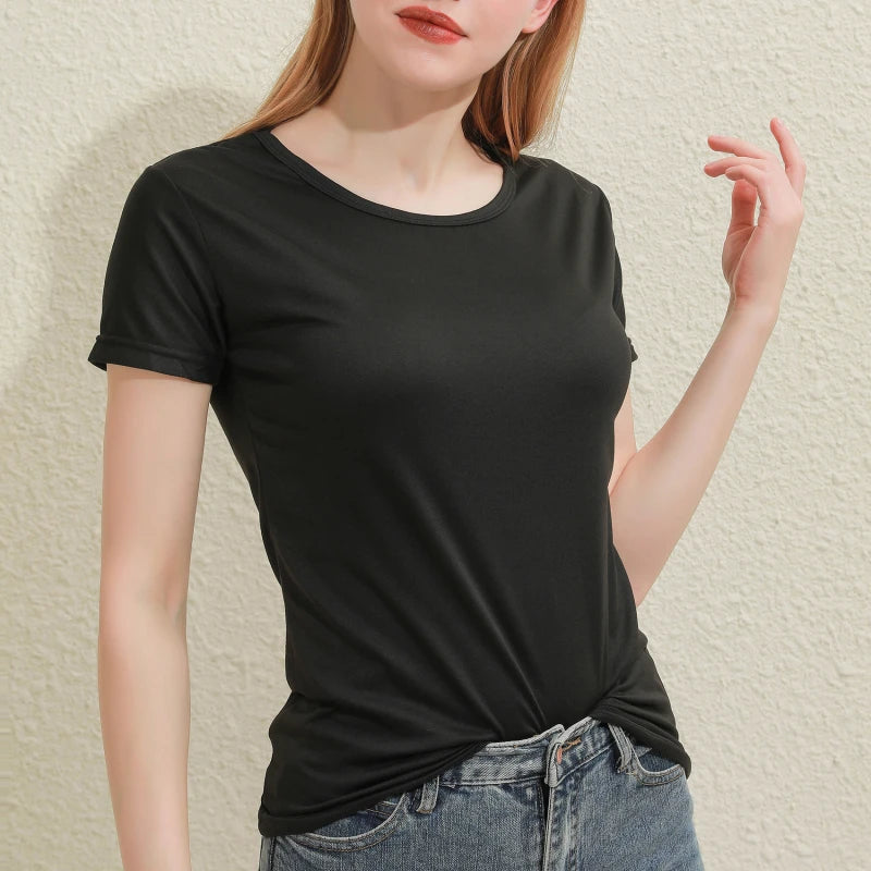 2026 Short T-Shirts Summer Women's Short Sleeve Round Neck Casual Blouse Shirts Solid Color Tops  Black / White