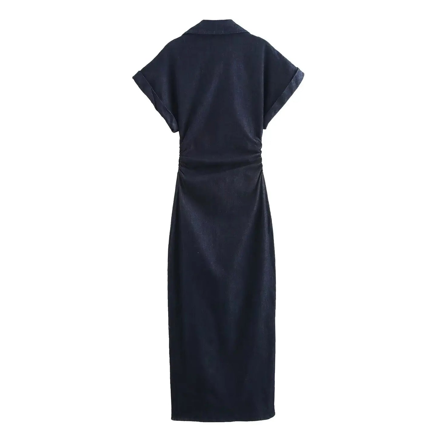 ETJ Spring New series denim MIDI dress with lapel side zipper fashion wrinkle waist slim elegant dress
