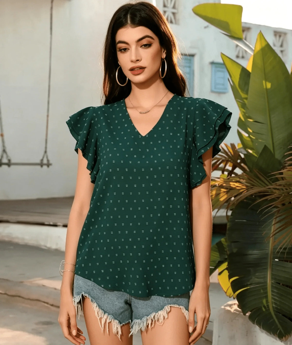 Women's V Neck Ruffle Sleeve Blouse Swiss Dot Loose Short Sleeve Summer Casual Tops