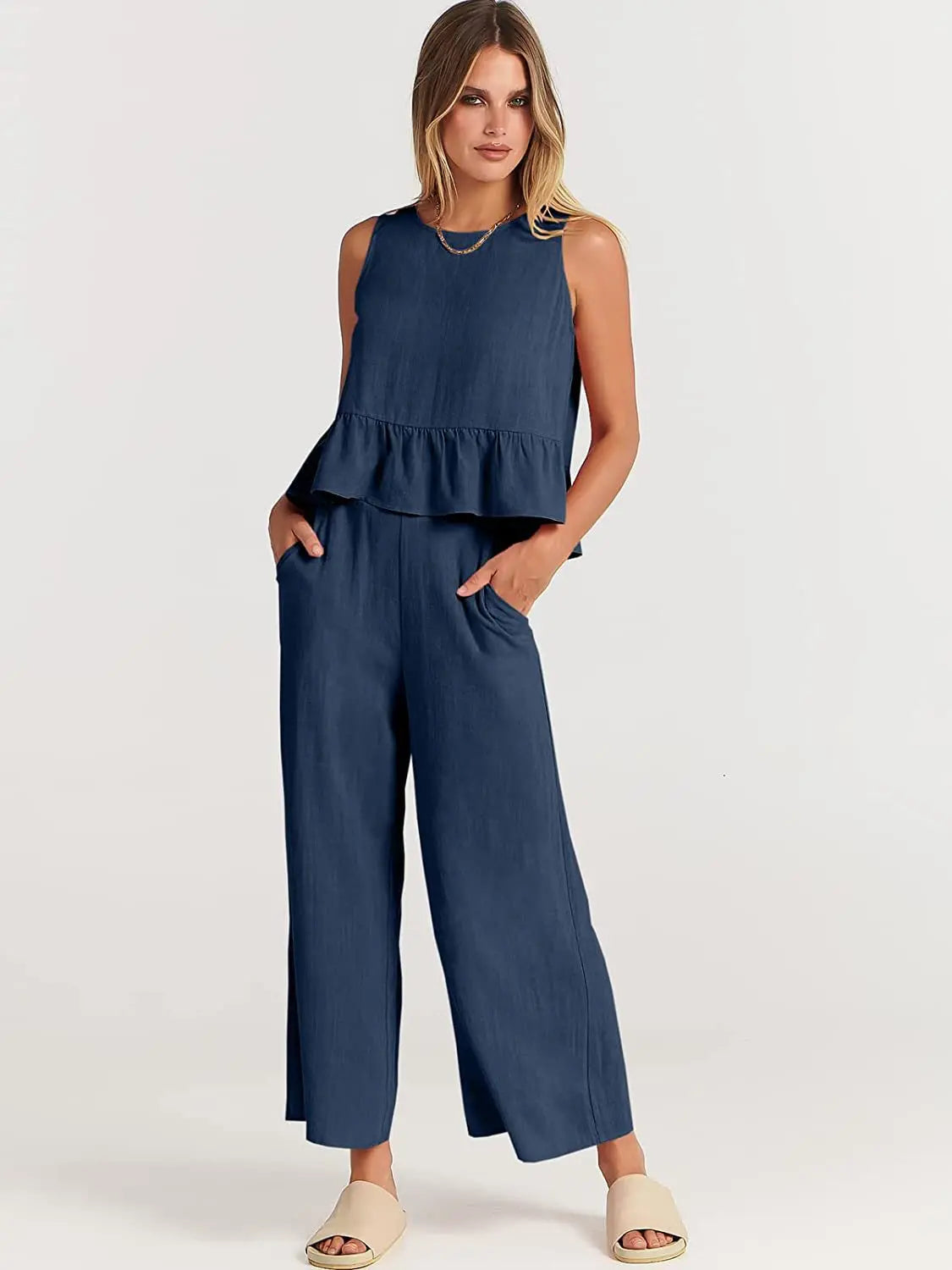 Women's New Summer Suit Solid Color Casual Sleeveless Pleated Round Neck Vest Button Wide Leg Nine-point Pants Two-piece Set