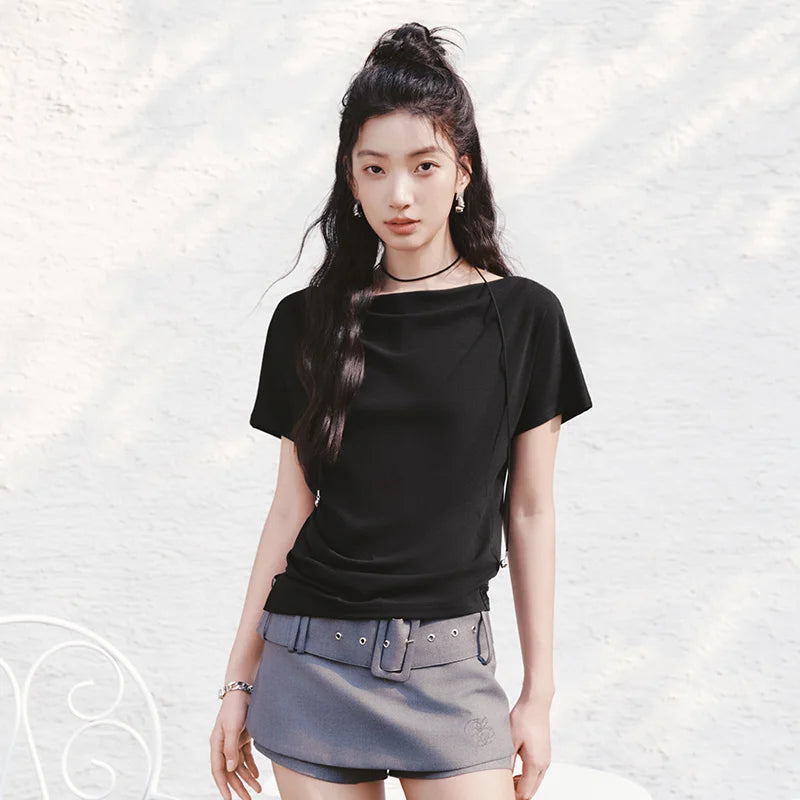 Semir Womens Tshirt 2026 Short Style Draped Neck Slit Ruched Slim Raglan Sleeve Casual Fashion