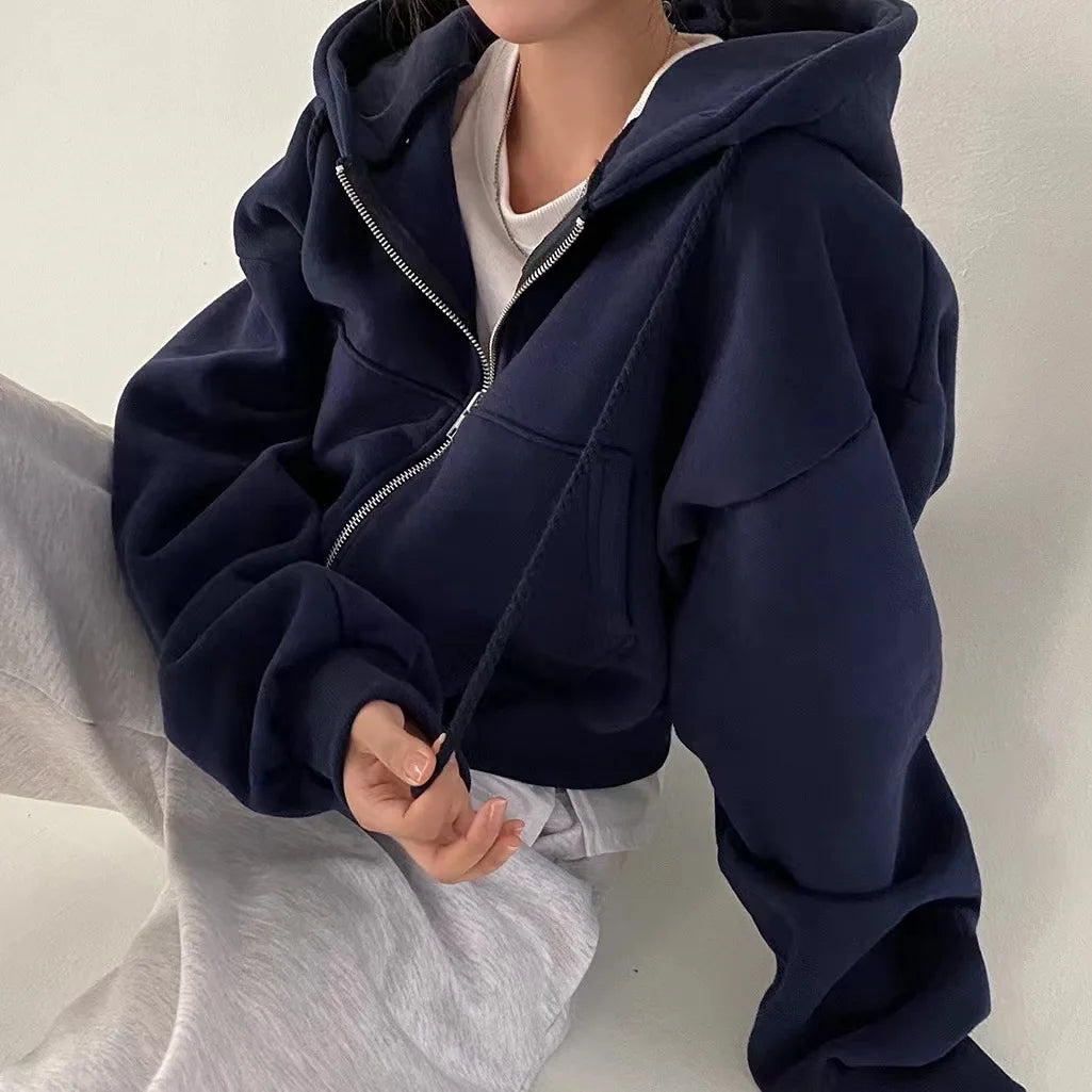 Fashion Zipper Hood Sweatshirt Women Autumn Long Sleeve Crop Tops Casual Y2K Hoodies Streetwear Harajuku Female Jackets Coats