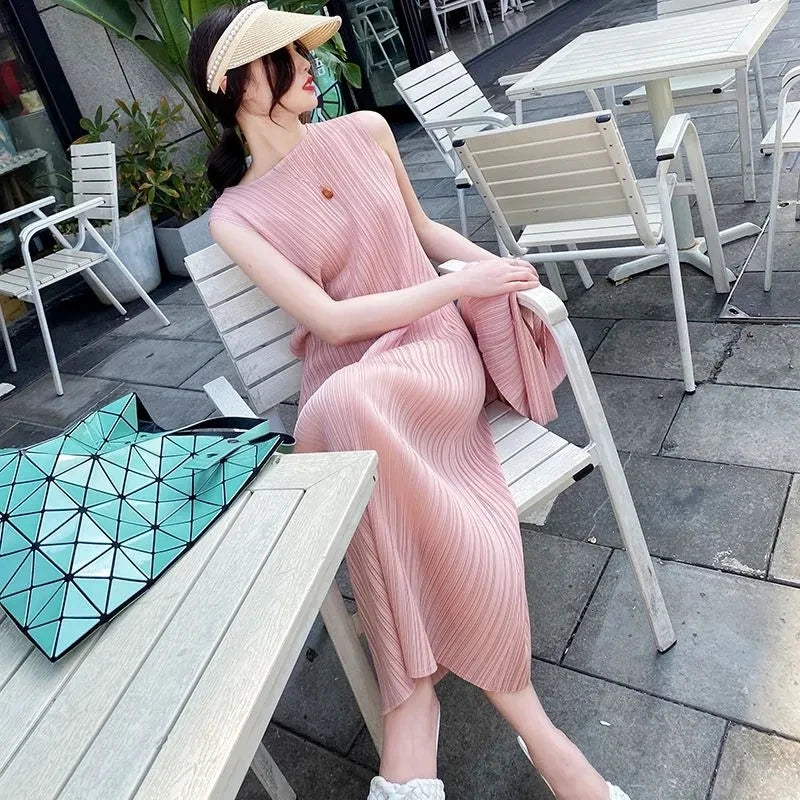 Miyake Pleated Dress Spring Summer Fashion Women Sleeveless Vest Dress High  Elastic Slim Long Vestidos Female Strap Dresses