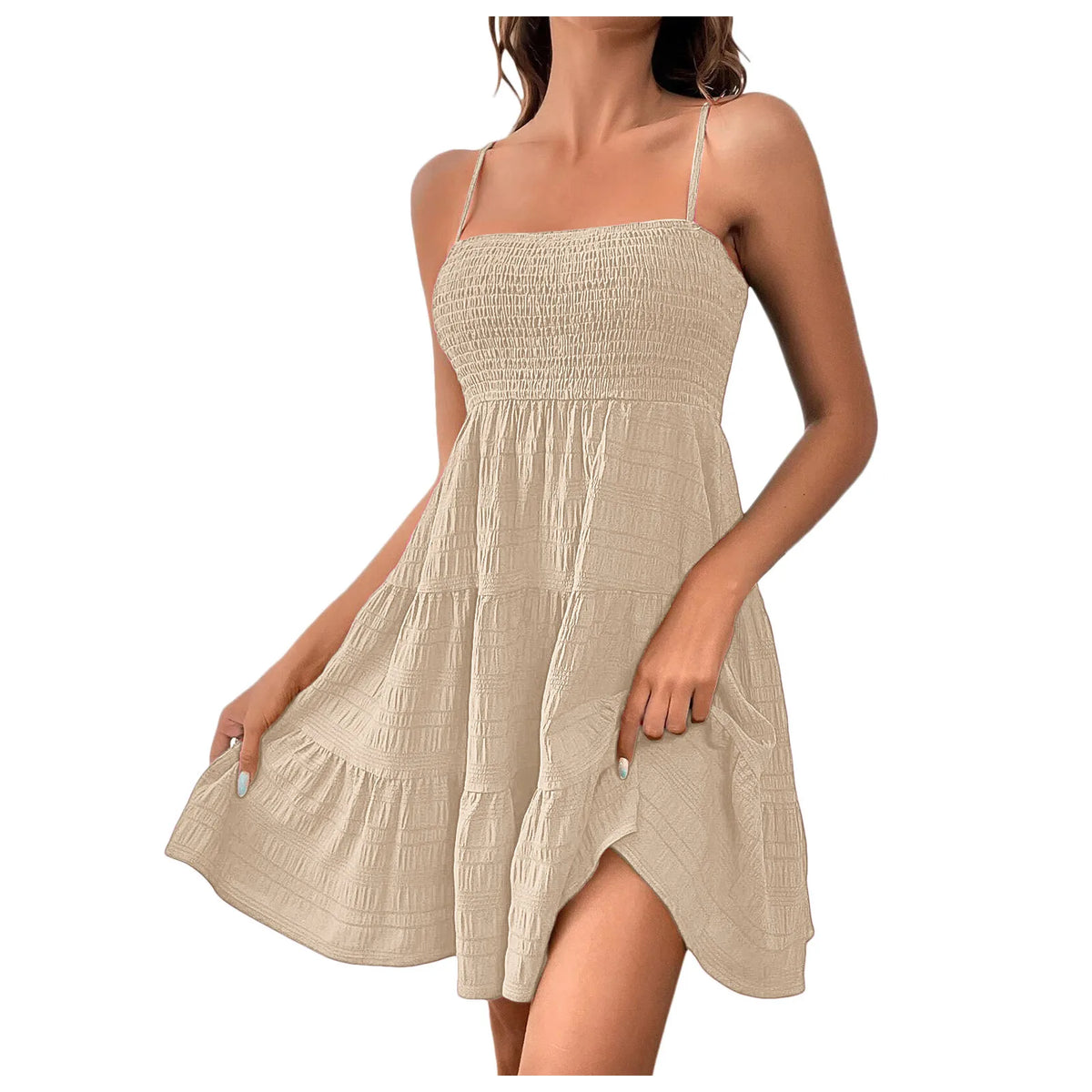 Bohemian Beach Sundress Women Sexy Sleeveless Backless Big Swing Mini Dress Solid Spaghetti Strap Ruffles Dress Summer Vestidos