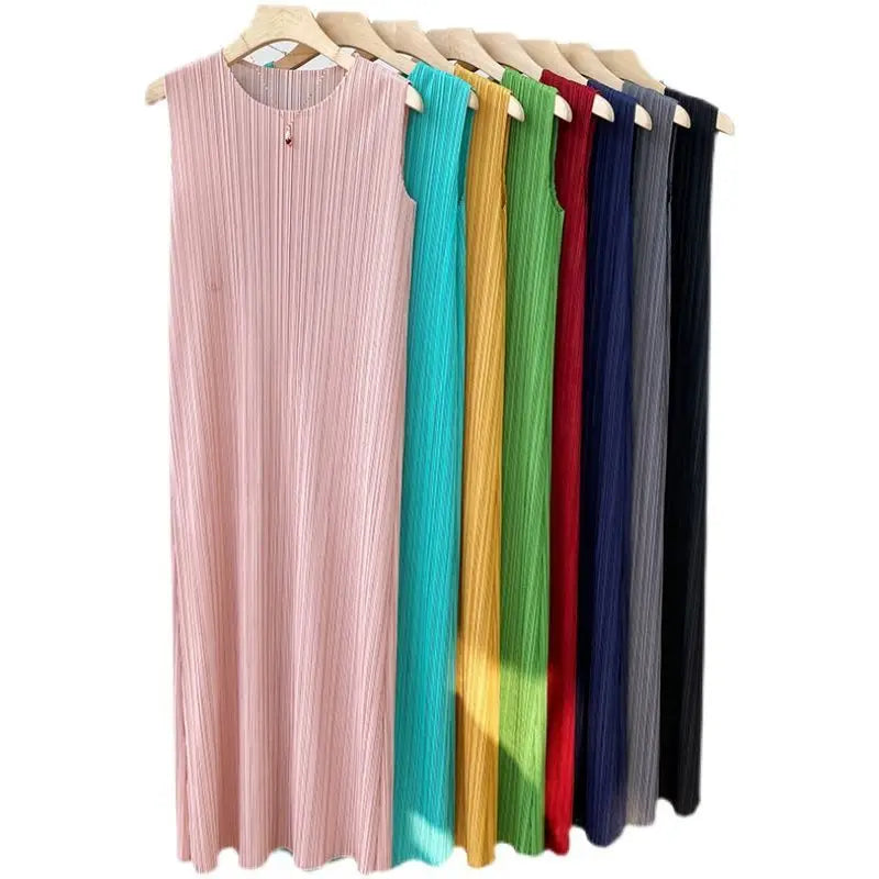 Miyake Pleated Dress Spring Summer Fashion Women Sleeveless Vest Dress High  Elastic Slim Long Vestidos Female Strap Dresses