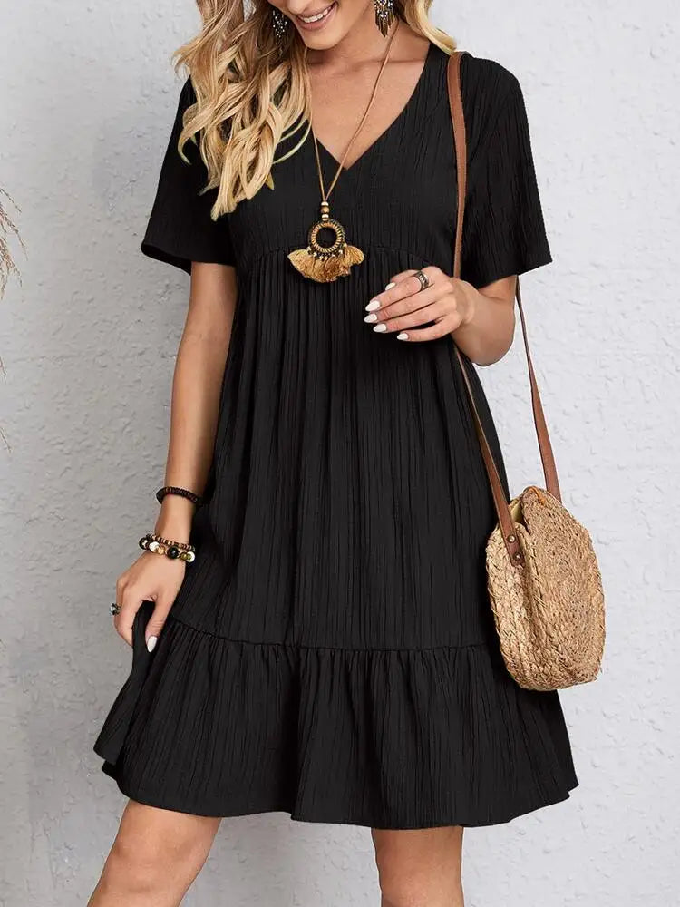 Elegant Solid V Neck A Line Dress New Summer Ruffles Loose Mini Dress Casual Short Sleeve Beach Party Vestidos Streetwear