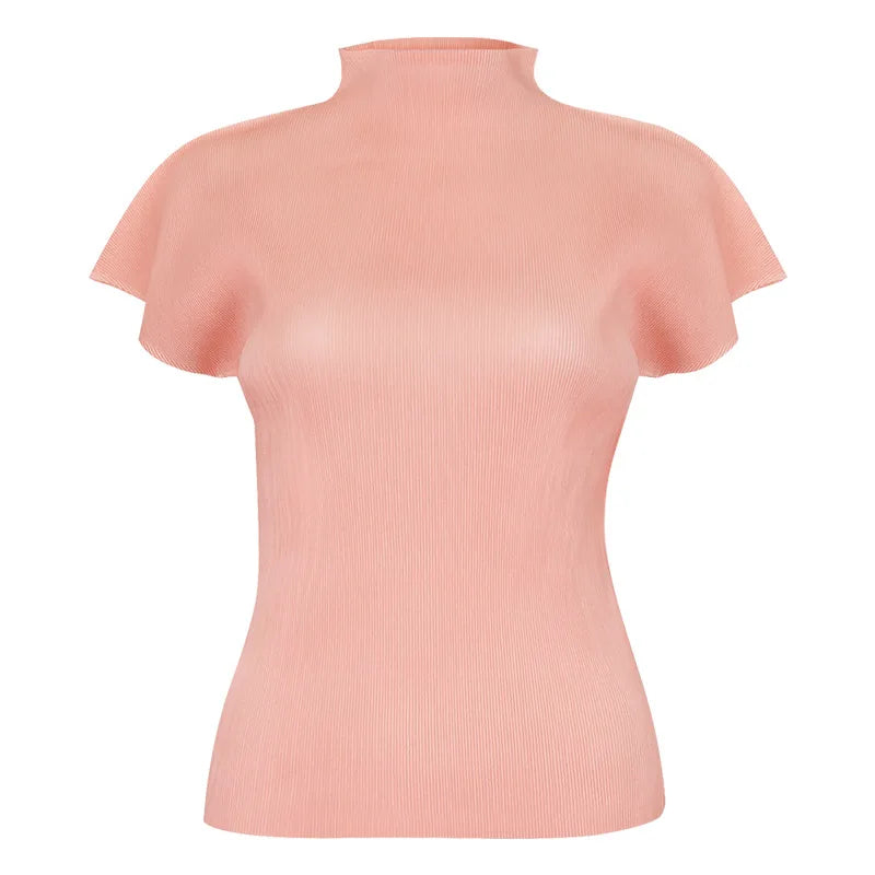 Miyake Summer New Minimalist Semi High Neck Slim Fit T-shirt  Versatile Small Top Women's Vest Clothing Feminist