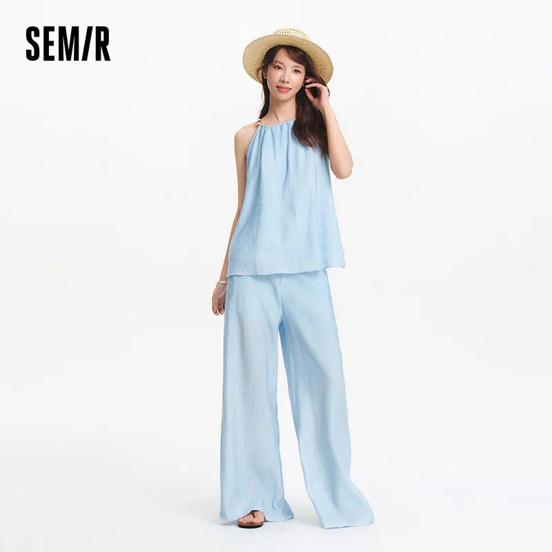 Semir Bowknot Strap Wide Leg Pants Set Women Summer New Linen Like Textured Two Piece Outfit for Vacation Style