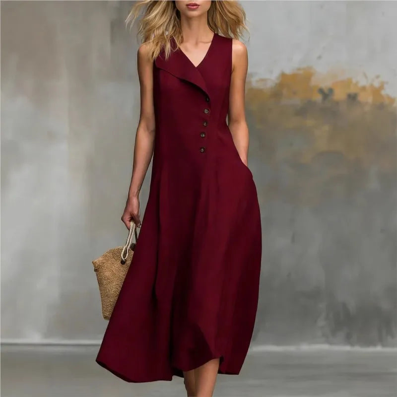 Women's Solid Color Lapel Buttons Maxi Dresses Summer With Pockets Sleeveless A-line Sundress Casual Loose Holiday Party Dress