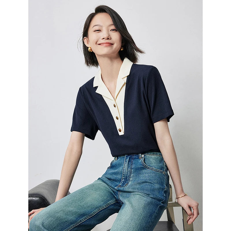 TOYOUTH Women Contrasting Colors POLO Collar T-shirt Summer New Short Sleeved Top