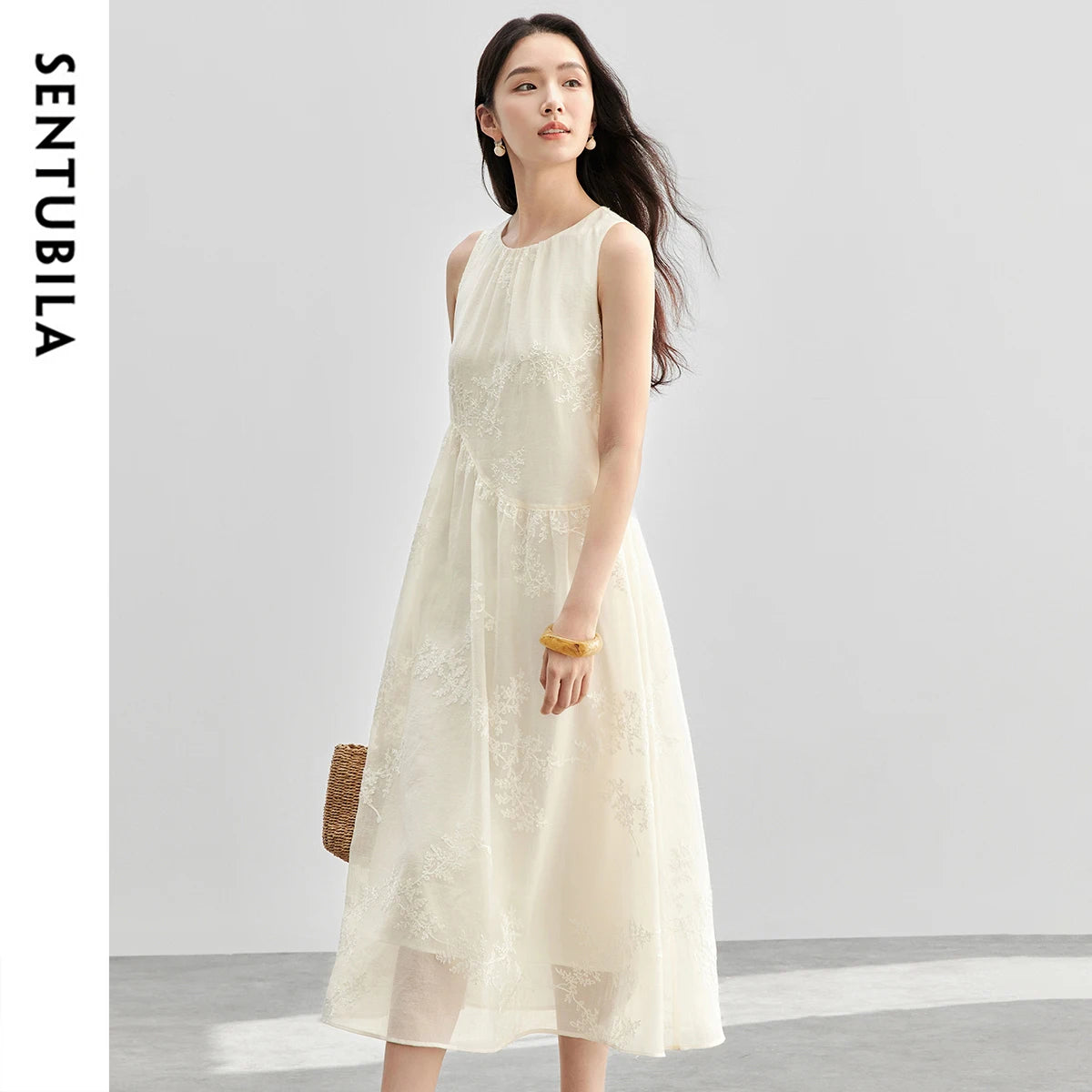 SENTUBILA Women Summer Dress 2026 Elegant Ladies Embroidery O Neck Sleeveless Tank Holiday Vacation Long Dresses Woman 151L58207