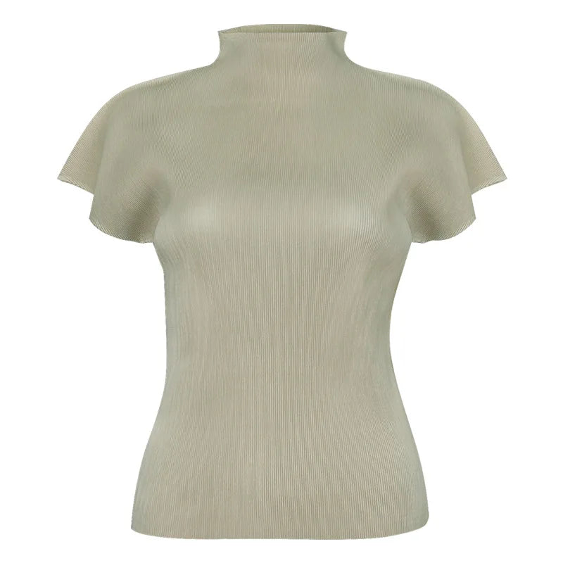 Miyake Summer New Minimalist Semi High Neck Slim Fit T-shirt  Versatile Small Top Women's Vest Clothing Feminist