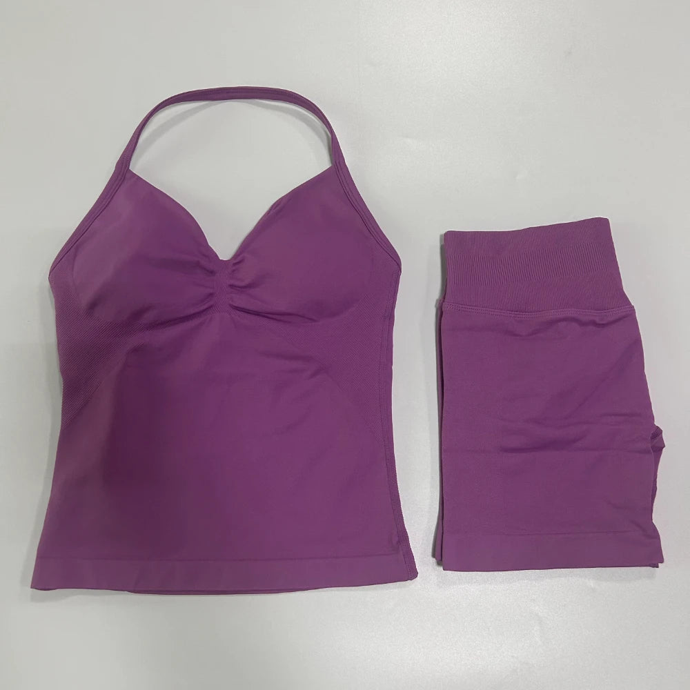 No Logo 2Pcs Gym Set Women Backless Tank Tops High Waist Scrunch Seamless Shorts Gym Suit Fitness Clothes Activewear Workout Set