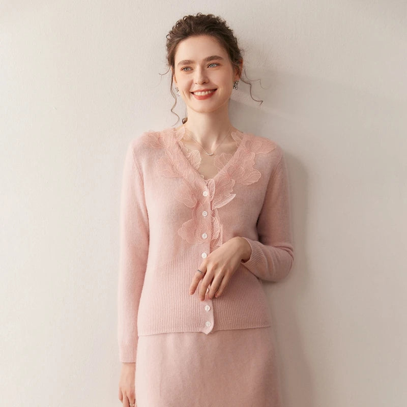 Luxury Women's 100% Cashmere Sweater Cardigans V-neck Knit Tops Autumn Winter Casual Leaf pattern lace cardigan Soft Knitwear