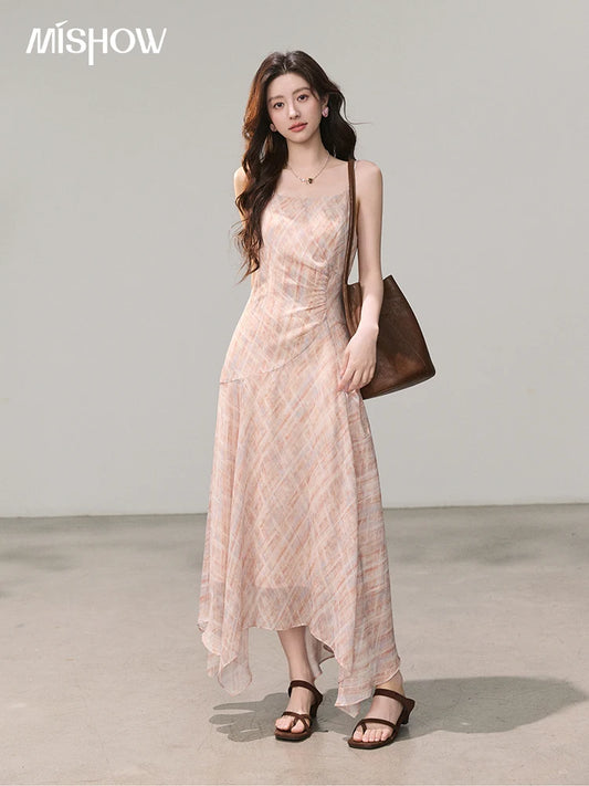 MISHOW Women's Plaid Spaghetti Strap Midi Dress 2026 Summer Ruched Waist Sweet Irregular Hem Casual Pink Dresses MXF13L2570