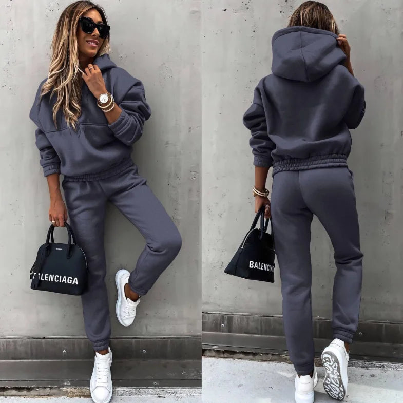 Winter Tracksuit Women Two Piece Set - Oversized Hoodie Sweatpants Solid Color Sportswear Suit |Casual Sweatshirt Trouser Set
