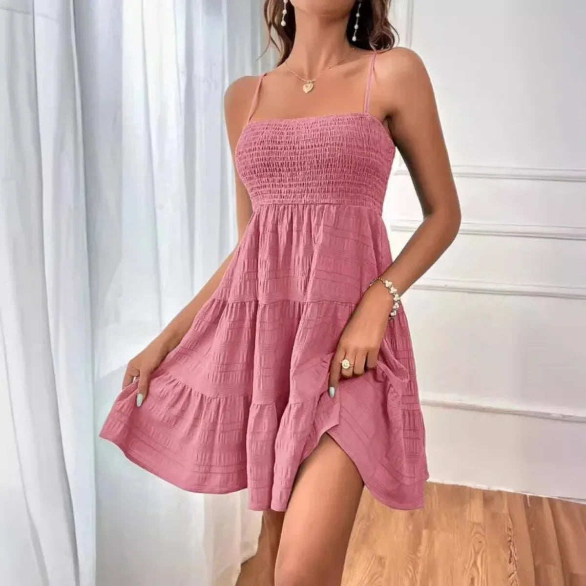 Women's Fashion Spaghetti Strap Smocked Bustier Mini Dress Blue Ruffled Tiered Swing Dress Summer Casual Vacation Beach Wear