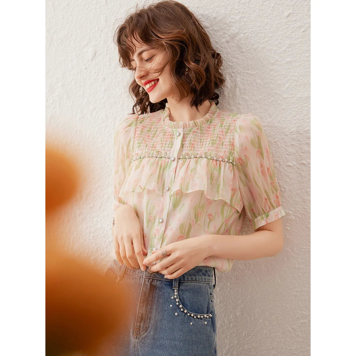LOUIS YAO Women Shirt Elegant Print Beading Blouses Summer O Neck Short Sleeve Women's Top