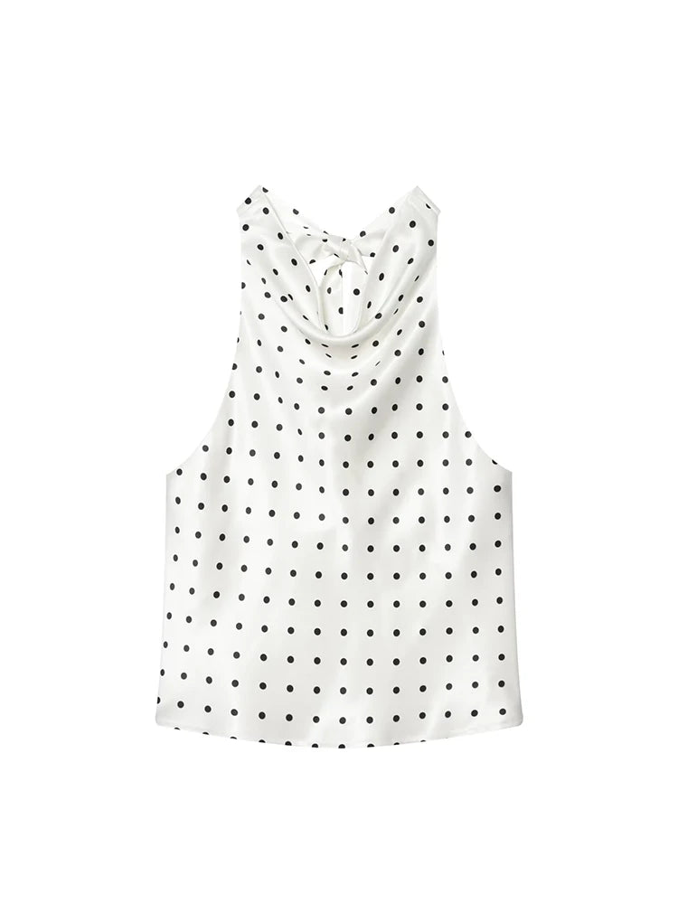 TFMLN Women's Polka Dot Print Halter Neck Top Sexy Off Shoulder Chic Dot Patterned Holiday Style Vest Summer Fashion Outfit
