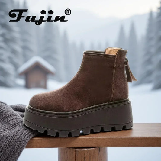 Fujin 7cm Suede Leather Snow Shoes Ankle Booties Platform Winter Boots Women Comfortable Non Slip Chelsea Boots Chunky Heel