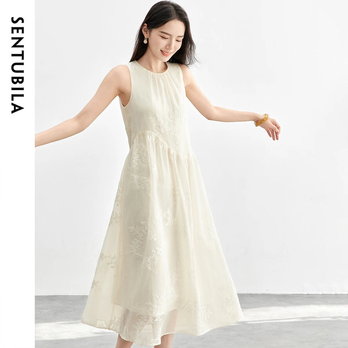 SENTUBILA Women Summer Dress 2026 Elegant Ladies Embroidery O Neck Sleeveless Tank Holiday Vacation Long Dresses Woman 151L58207