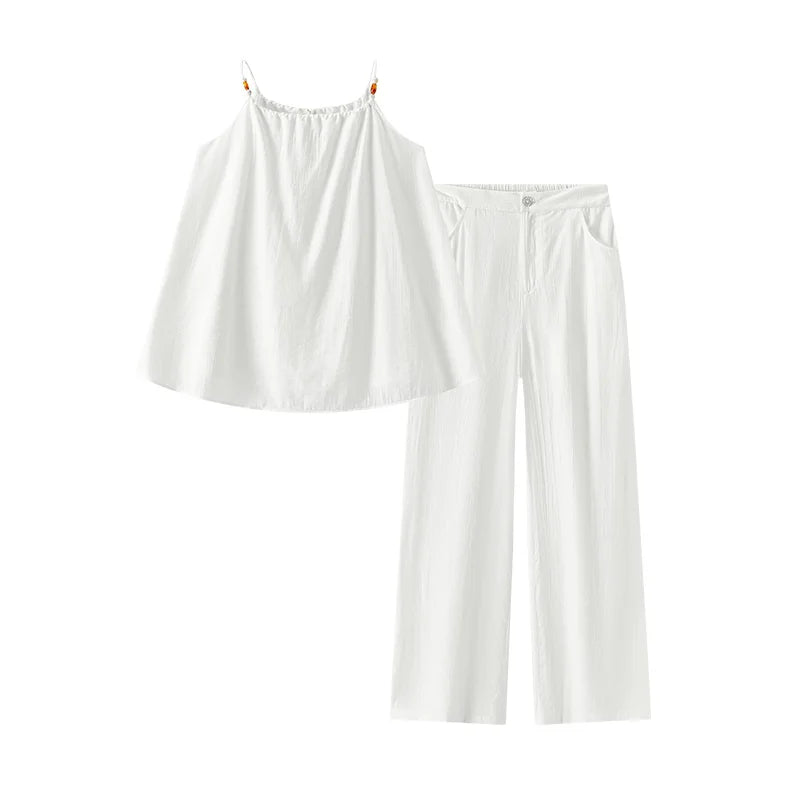 Semir Bowknot Strap Wide Leg Pants Set Women Summer New Linen Like Textured Two Piece Outfit for Vacation Style