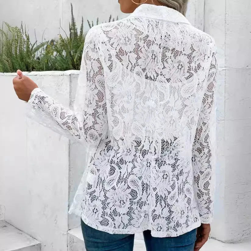 Summer White Lace Hollow Out Women's Coat Solid Open Stitch Blazers Outdoor Business Jackets Lightweight Office Ladies Coats