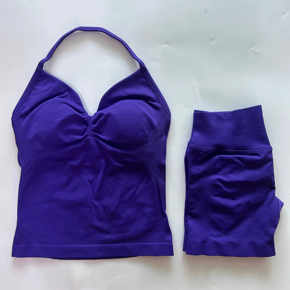 No Logo 2Pcs Gym Set Women Backless Tank Tops High Waist Scrunch Seamless Shorts Gym Suit Fitness Clothes Activewear Workout Set