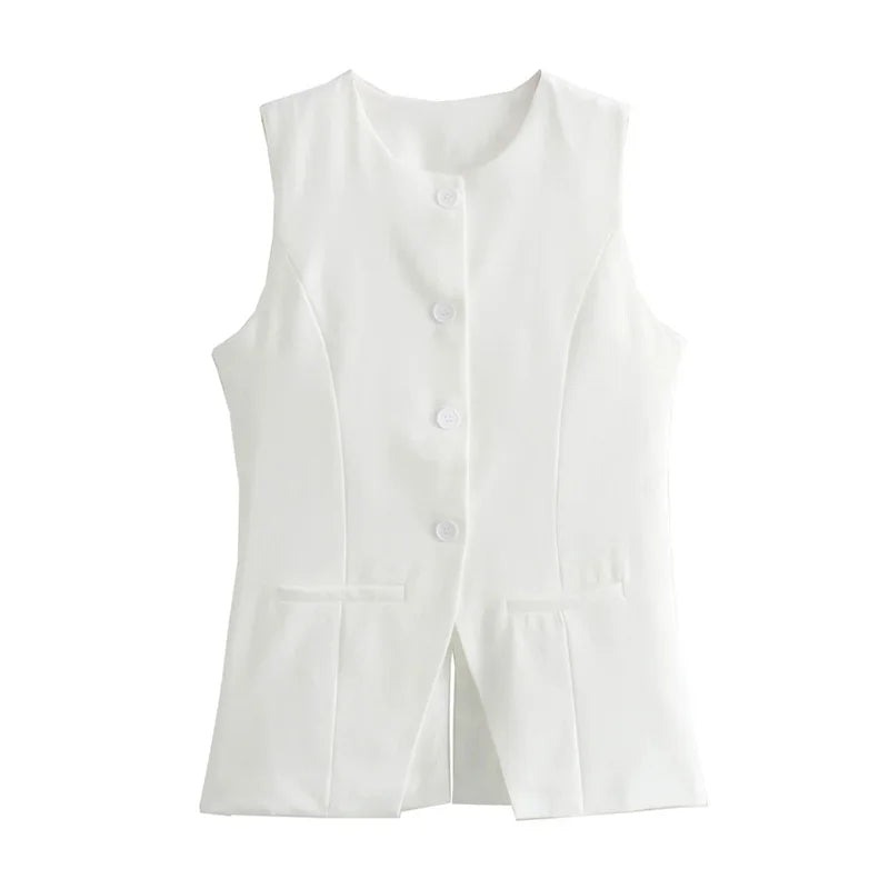 MUJER White Sleeveless Vest Women Button Summer Vests for Women Jacket Pink Vest Top Women Streetwear Women's Tailored Vest