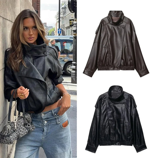 Women's Faux Leather Jacket New Fashion Long Sleeve Versatile Jacket Personality Chic Women Coat Autumn Winter Ladies Outerwear