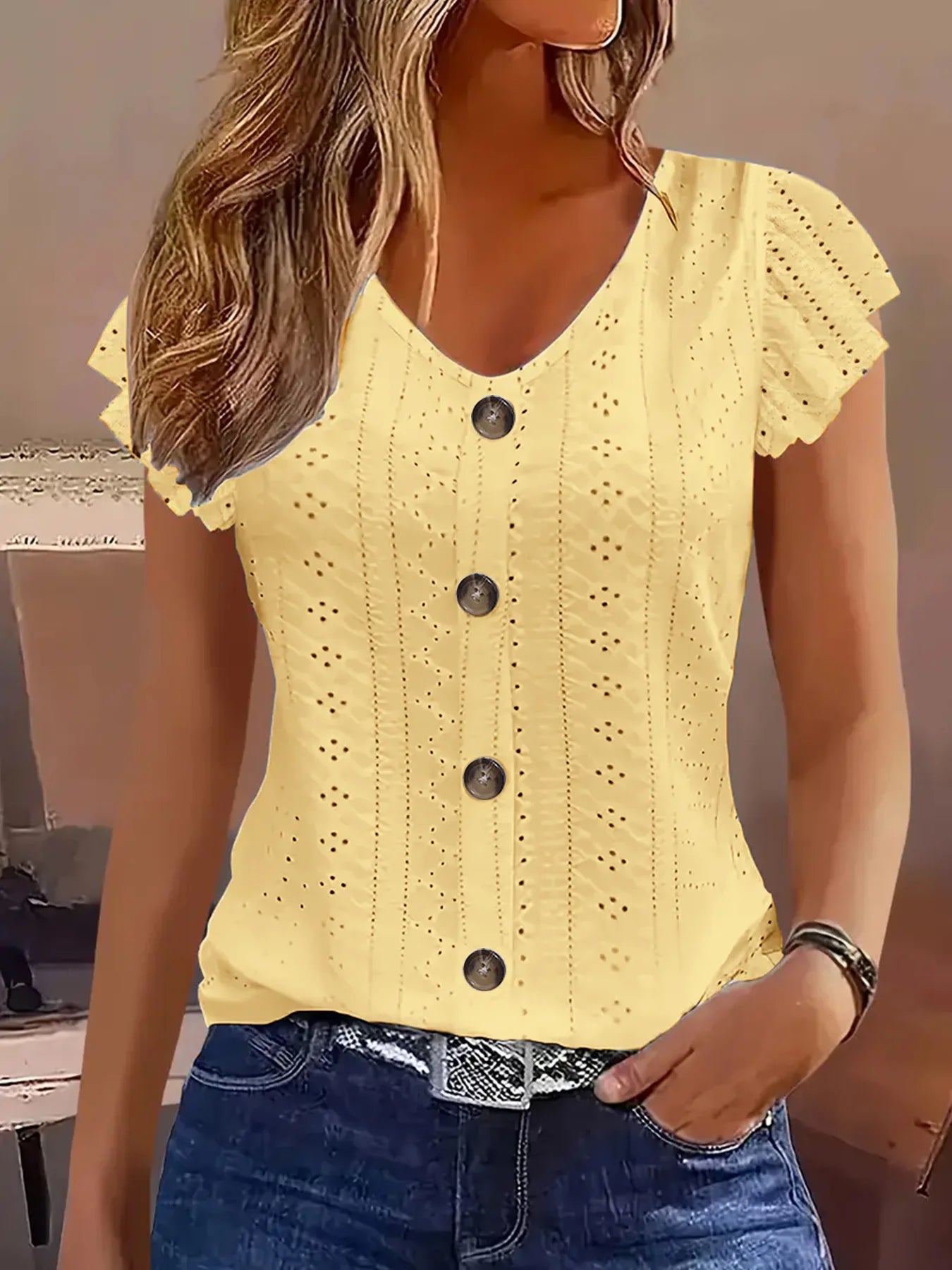 Spring/Summer new women's fashion stylish commute casual solid color multi-color ruffle sleeve V-neck T-shirt