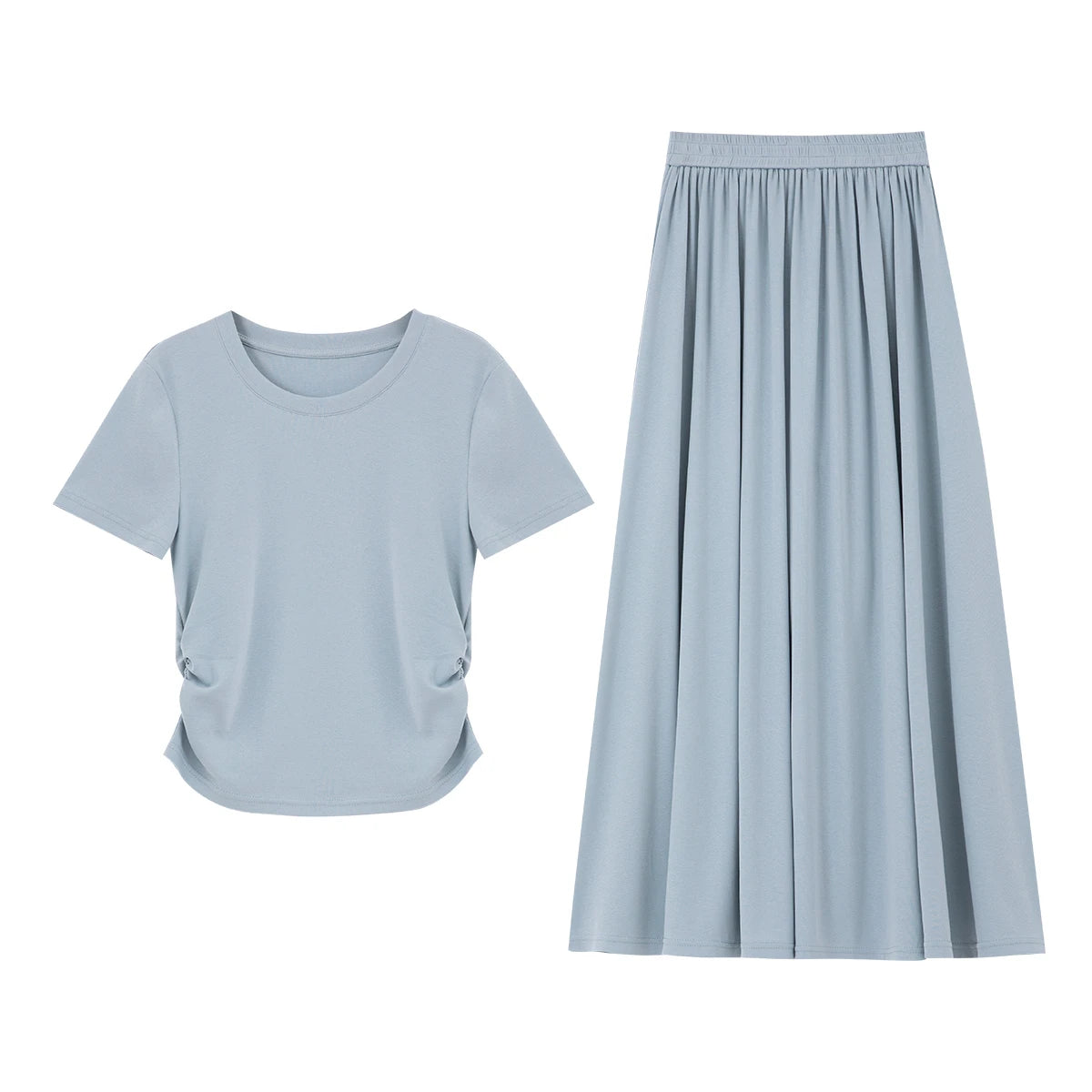 VIMLY Summer Sporty Casual Set Soft Air Cotton Short Sleeve Top Elastic Waist Loose Skirt Two Piece Solid Women Set Skirt M7669