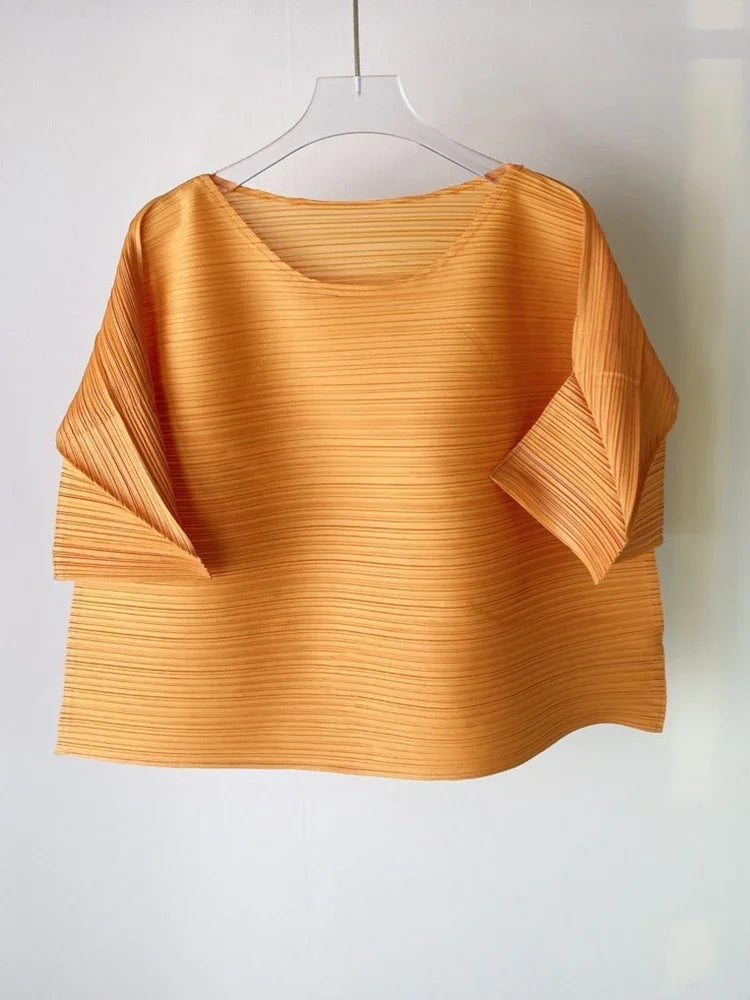 YUDX Pleated T-shirt For Women O-neck Flare Sleeves Solid Color Casual Tops Versatile Summer New Clothing
