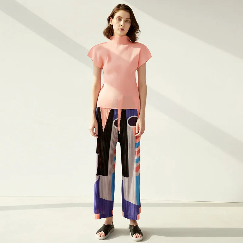 Miyake Summer New Minimalist Semi High Neck Slim Fit T-shirt  Versatile Small Top Women's Vest Clothing Feminist