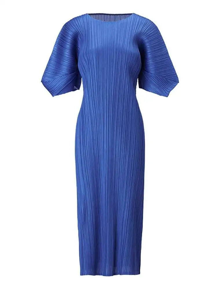 LANMREM Summer Pleated Dress Women New Casual O-neck Niche Design Dropped Shoulder Short Sleeve Dresses