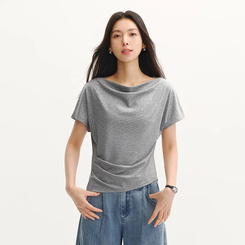 Semir Womens Tshirt 2026 Short Style Draped Neck Slit Ruched Slim Raglan Sleeve Casual Fashion