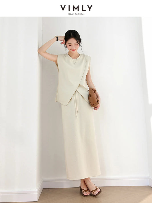 VIMLY Women's Summer Skirt Suit 2026 Office Lady Irregular Sleeveless Tops T-Shirt Straight Skirt Casual Simple Outfits M9656