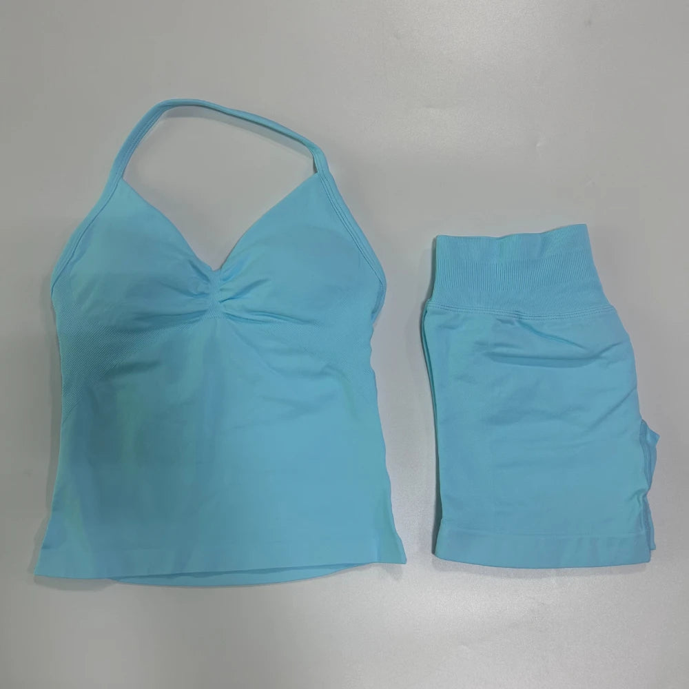No Logo 2Pcs Gym Set Women Backless Tank Tops High Waist Scrunch Seamless Shorts Gym Suit Fitness Clothes Activewear Workout Set